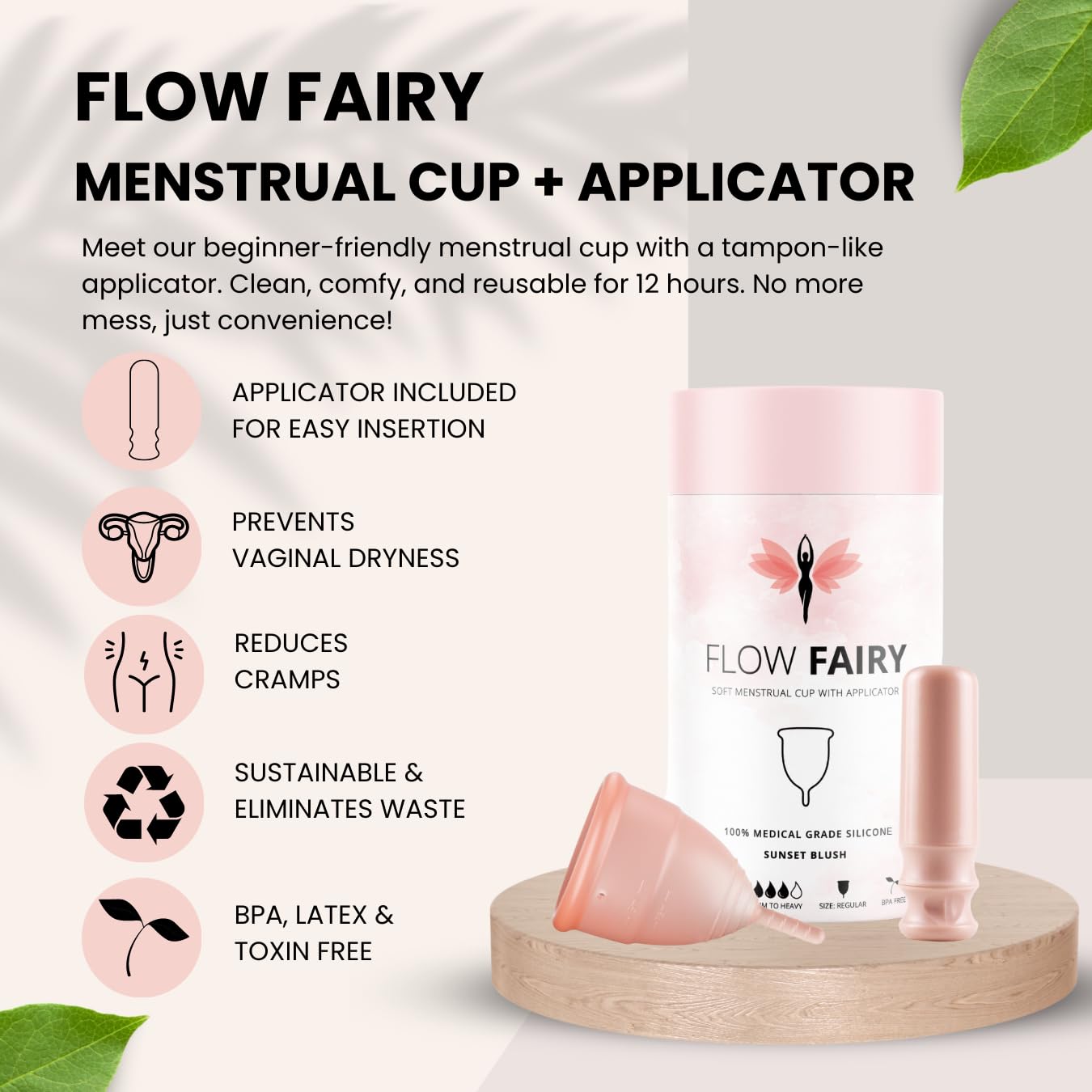 Flow Fairy Reusable Menstrual Cup with Applicator for Easy Insertion- 100% Medical Grade Silicone Period Cup